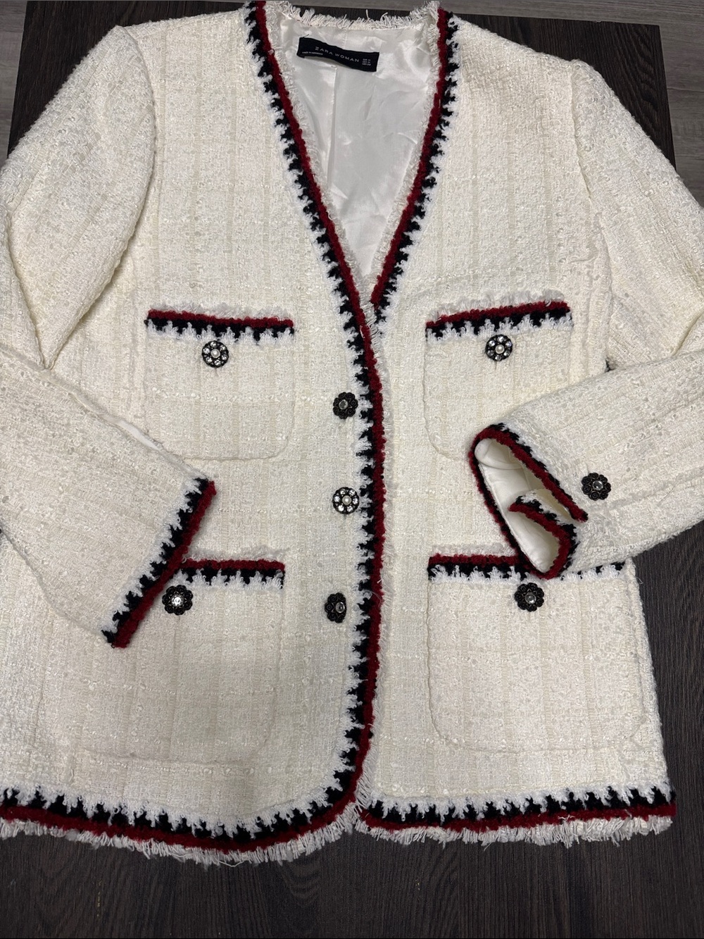 Zara White Tweed Blazer with Red and Black Trim